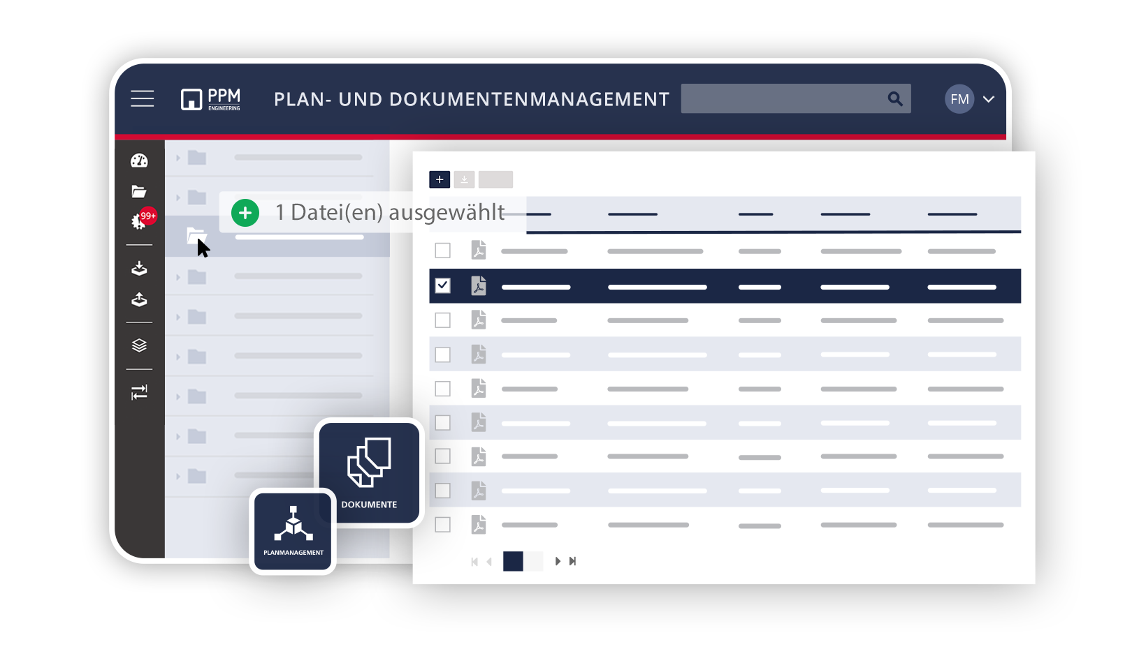 PPM-Mockup zum Plan- und Dokumentenmanagement mit strukturierter Dateiliste.